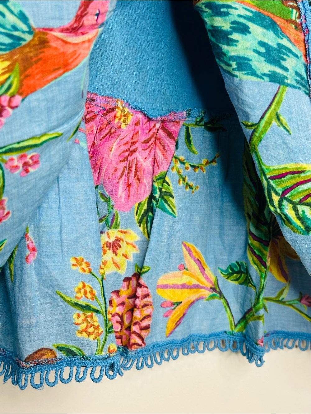 Farm Rio Blue Toucans Floral Tiered Mini Skirt Size Large Garden Tropical Summer - Picture 7 of 14